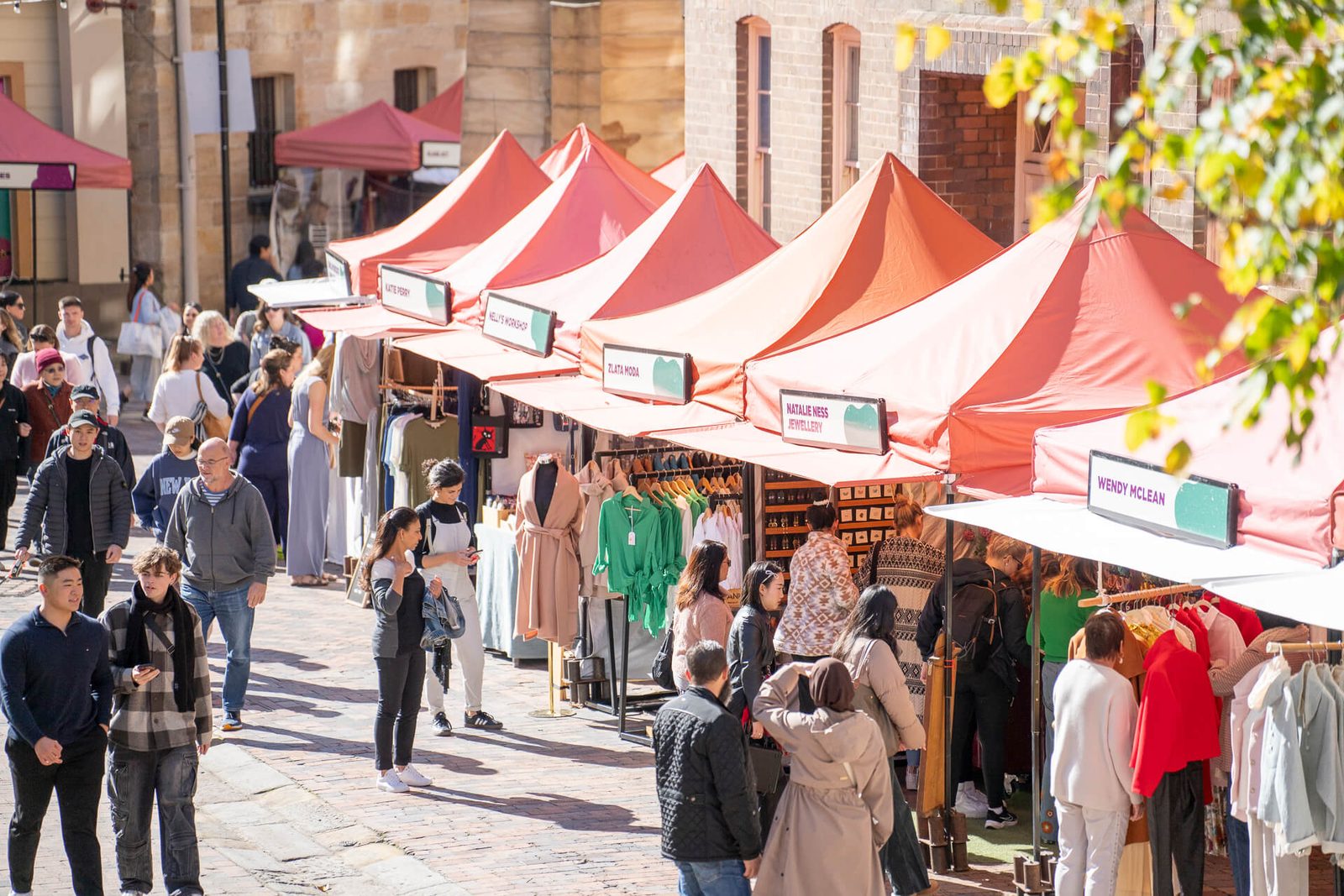 The Rocks Markets stalls along George Street and Rocks Square